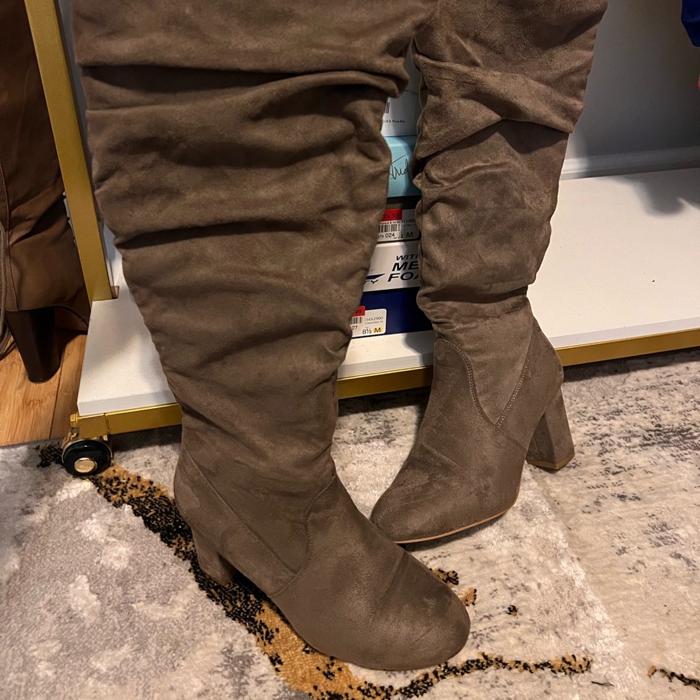 Grey knee high suede boots